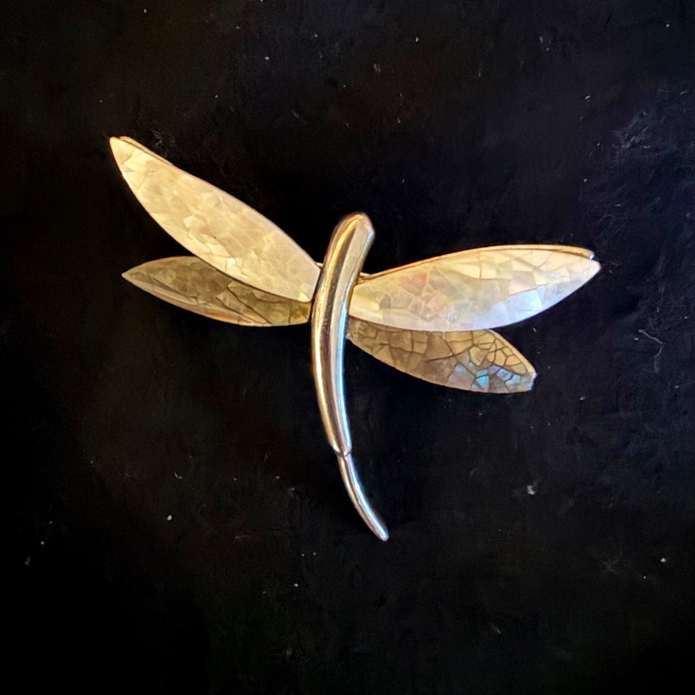 Dragonfly Brooch Silver Tone Mother of Pearl Shell Mosaic Wing Insect Pin 2in
